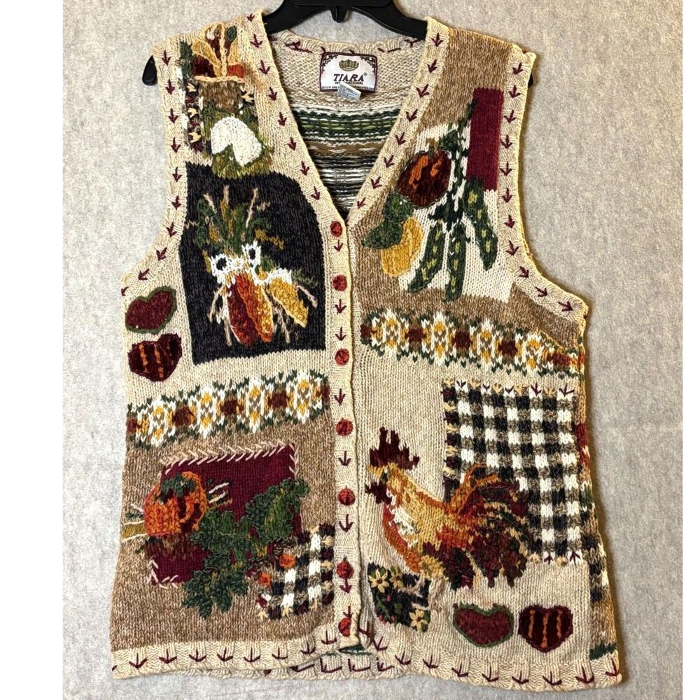 Vintage Harvest/Autumn Folk Art Y2K Knit Embroidered Sweater Vest XL